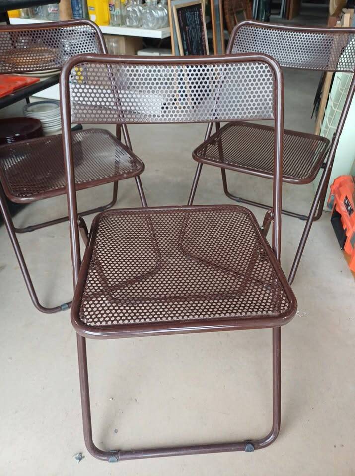 vintage perforated metal folding chair –