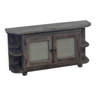Old TV cabinet in raw solid oak and cane.