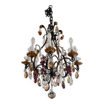 Lustre cage à pampilles et fruits en verre, Maison Baguès, six lumières