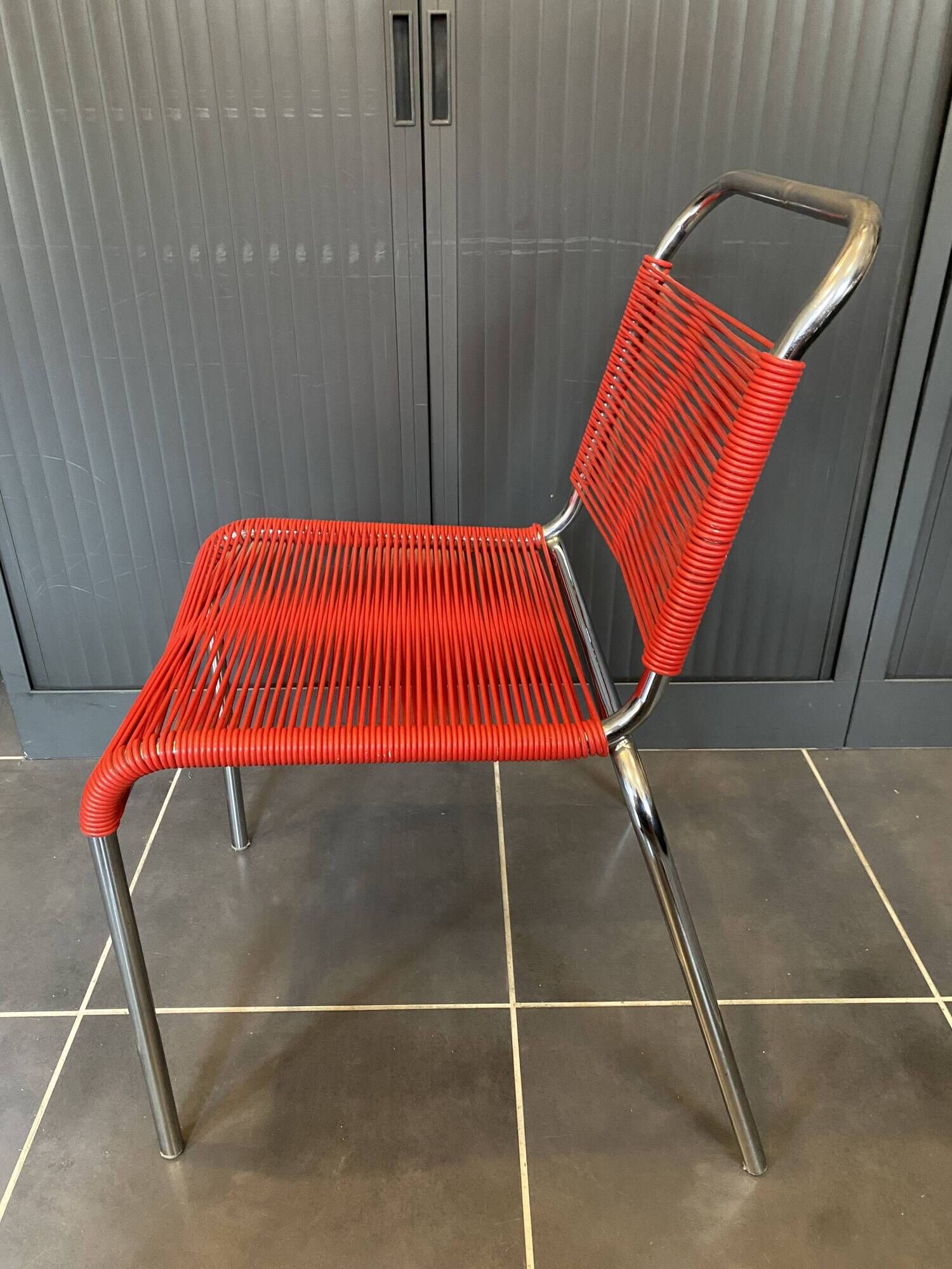 Scoubidou chair or vintage 1960 red chrome spaghetti chair