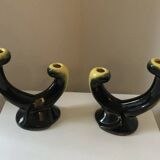 Pair of 1950s candlesticks in yellow and black ceramic in the Vallaur style