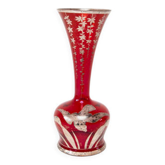 Old red glass vase with bird around 1900