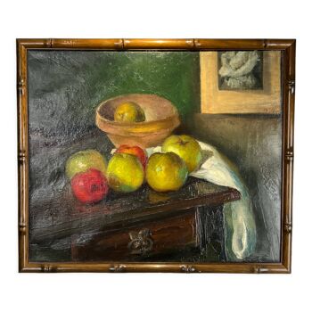 Tableau, huile sur toile, nature morte aux pommes avec cadre en bambou