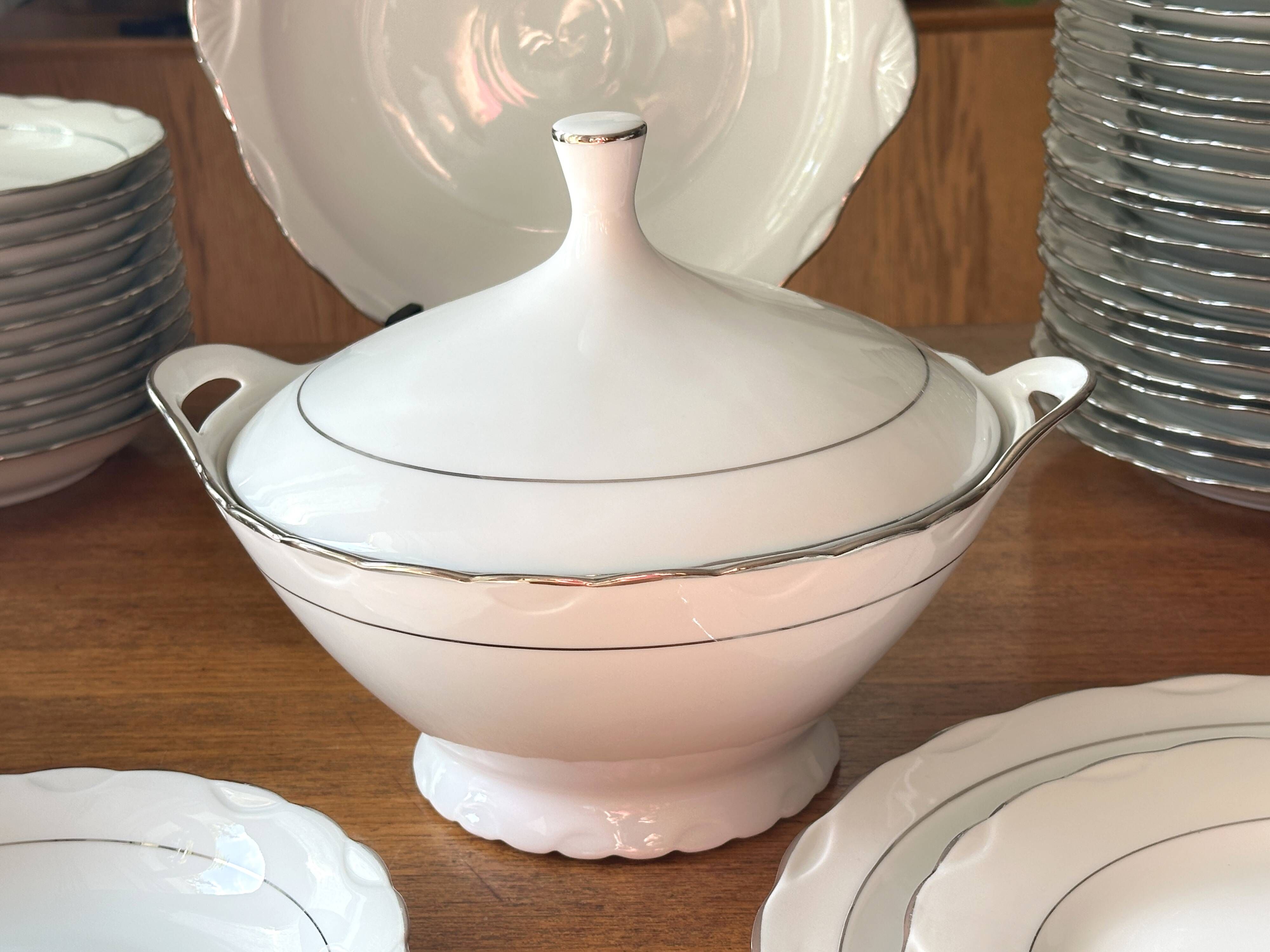 White and silver table service, Limoges porcelain, 56 pieces - in good condition.