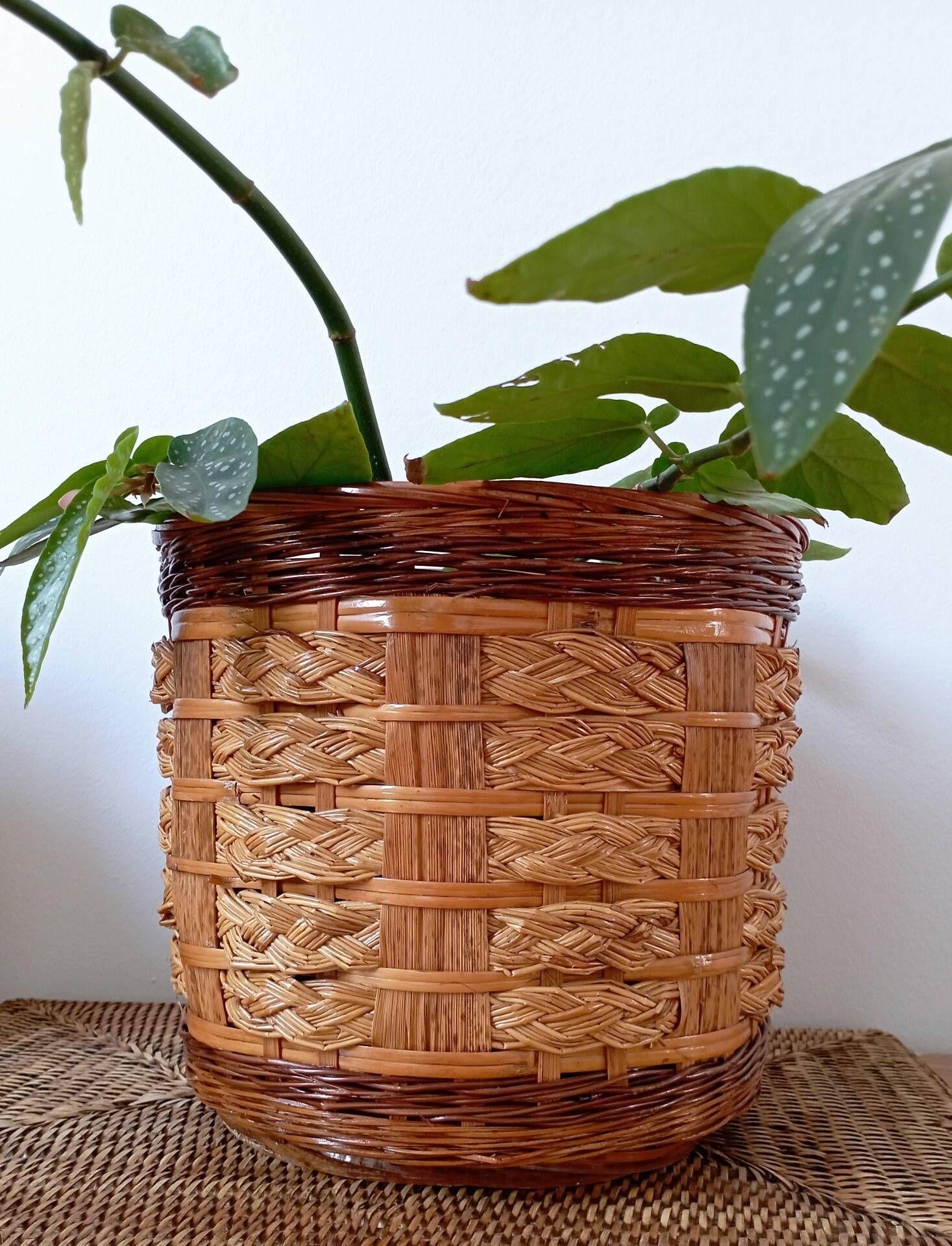 Vintage rattan and bamboo basket - Traditional weaving from China