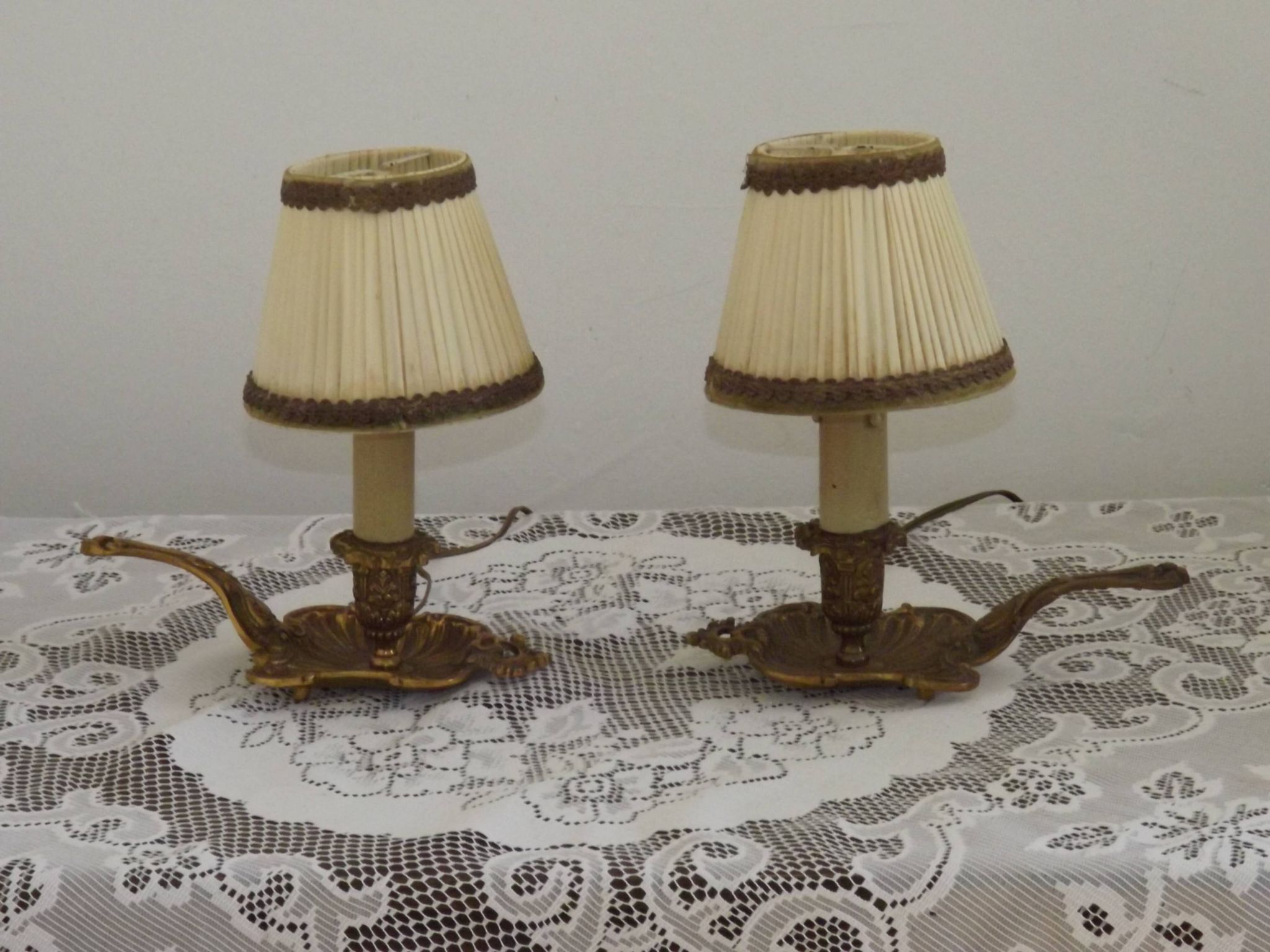 Pair Vintage French Bronze Candlestick Lamps Pleated Fabric Shades
