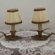 Pair Vintage French Bronze Candlestick Lamps Pleated Fabric Shades