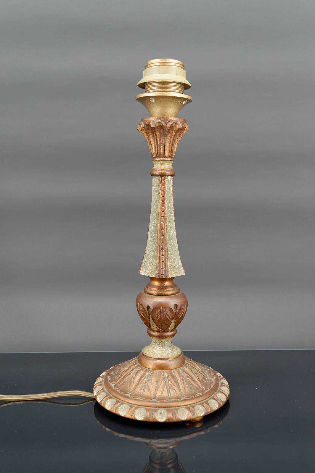 Art Deco lamp in green painted wood and copper patina, France, Circa 1920