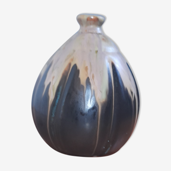 Godronné piriform soliflore vase - glazed ceramic, brown and pink tones, signature to be identified