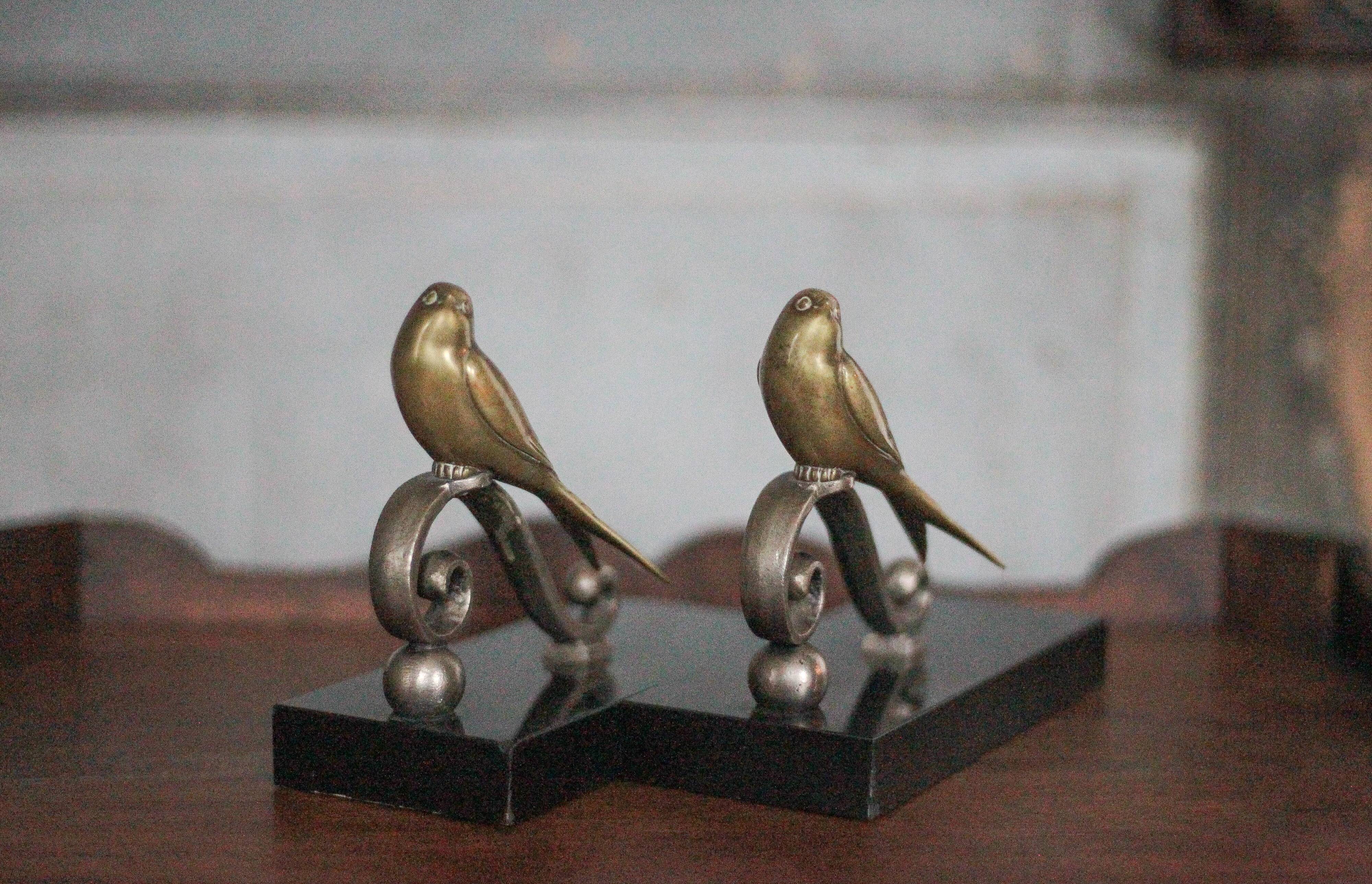 Serre-livres vintage, oiseau laiton socle marbre noir, animaux laiton