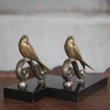 Serre-livres vintage, oiseau laiton socle marbre noir, animaux laiton