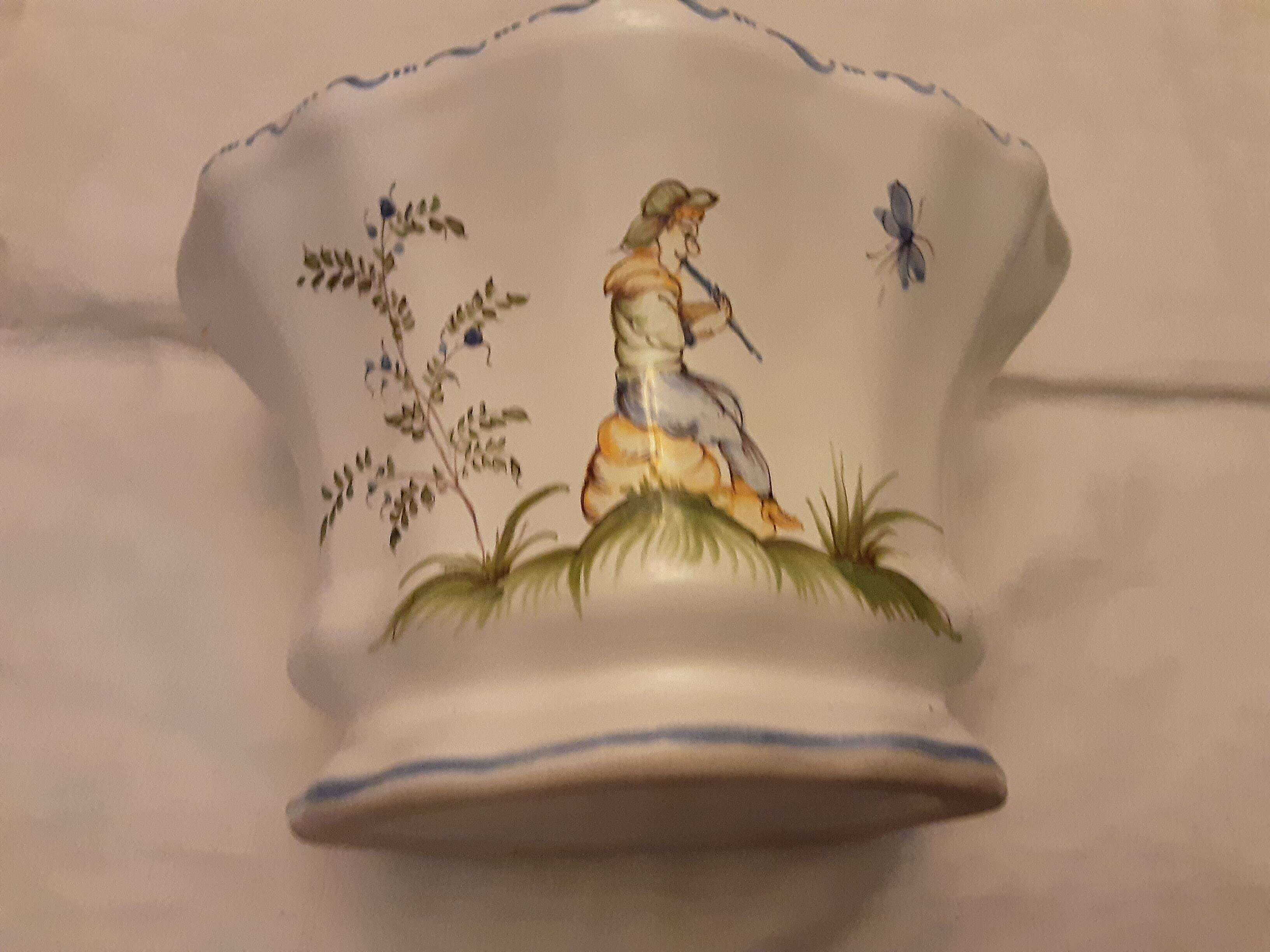 Handmade signed moustier pottery bouquet holder