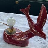 Art deco red enamelled ceramic bird table lamp