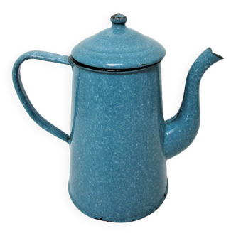 Cafetière tôle émaillée bleu moucheté milieu XXème