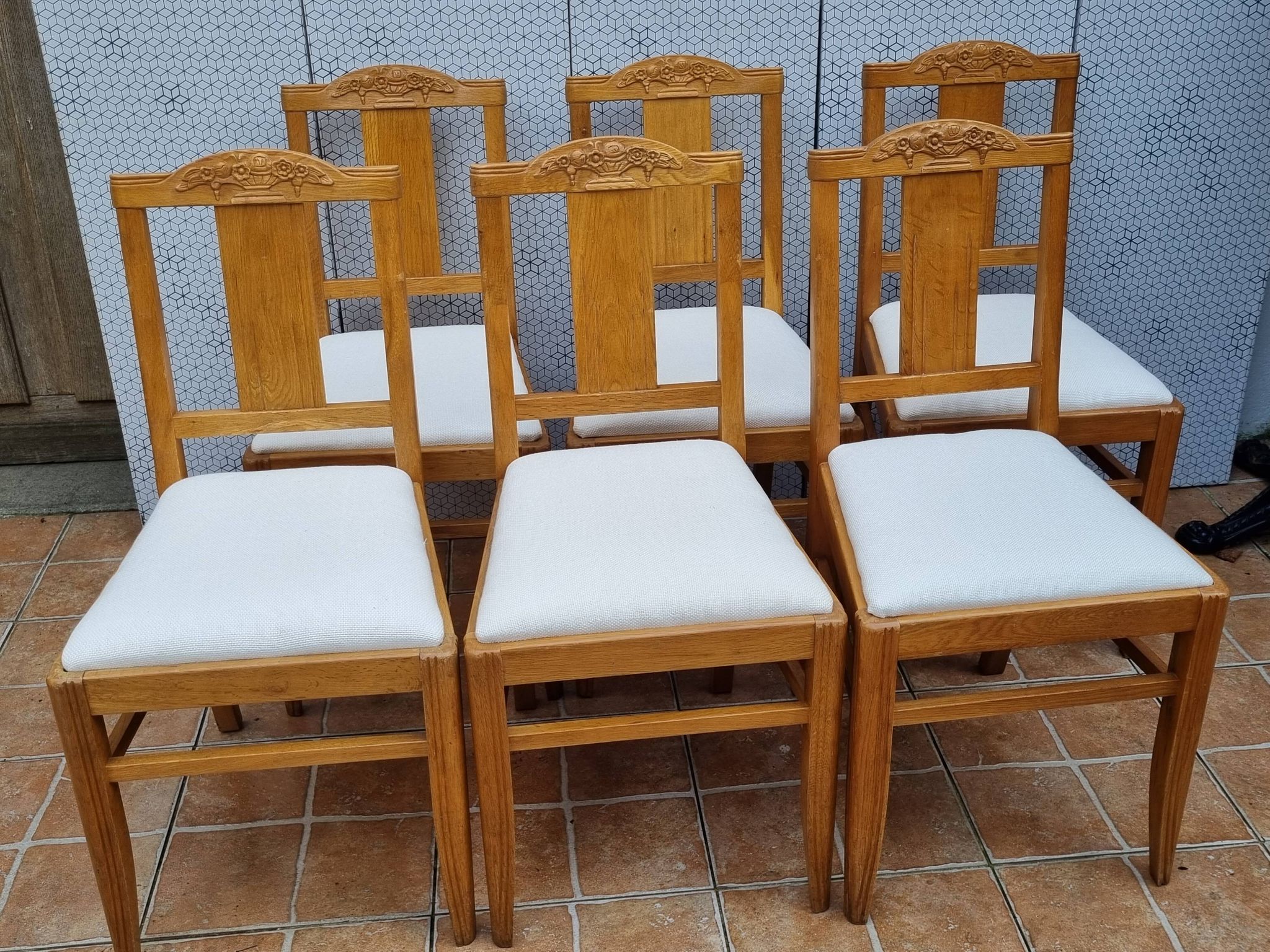 Set of 6 oak chairs, refurbished, Art Deco style, vintage, France