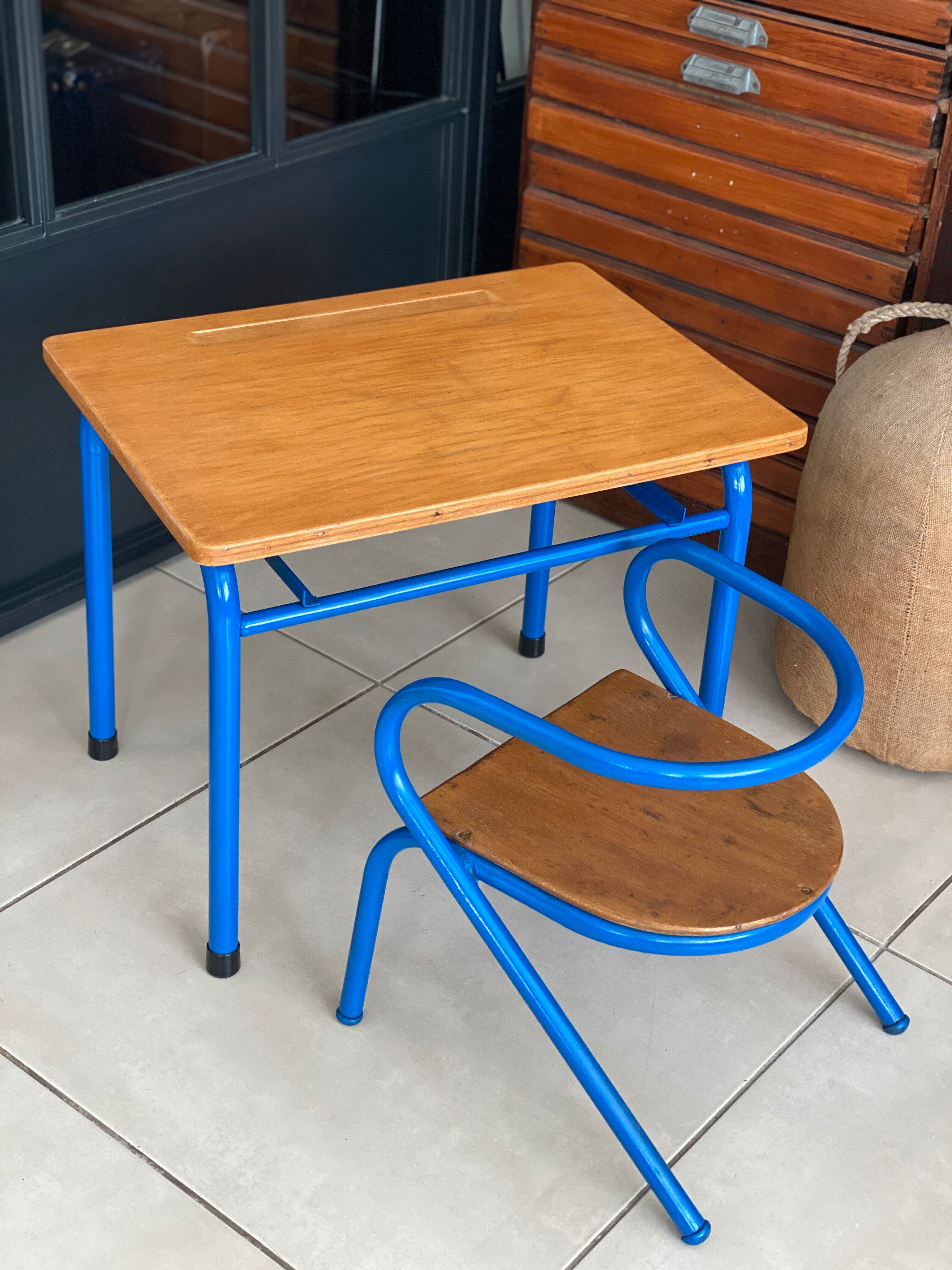 Blue desk and school chair set  design Jacques Hitier