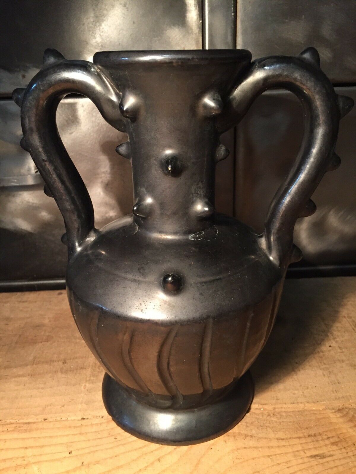 Iridescent black ceramic vase by François Caleca artisan Vallauris