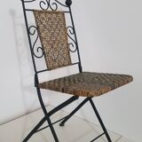 Chaise en fer forgé et rotin,  pliante  et vintage
