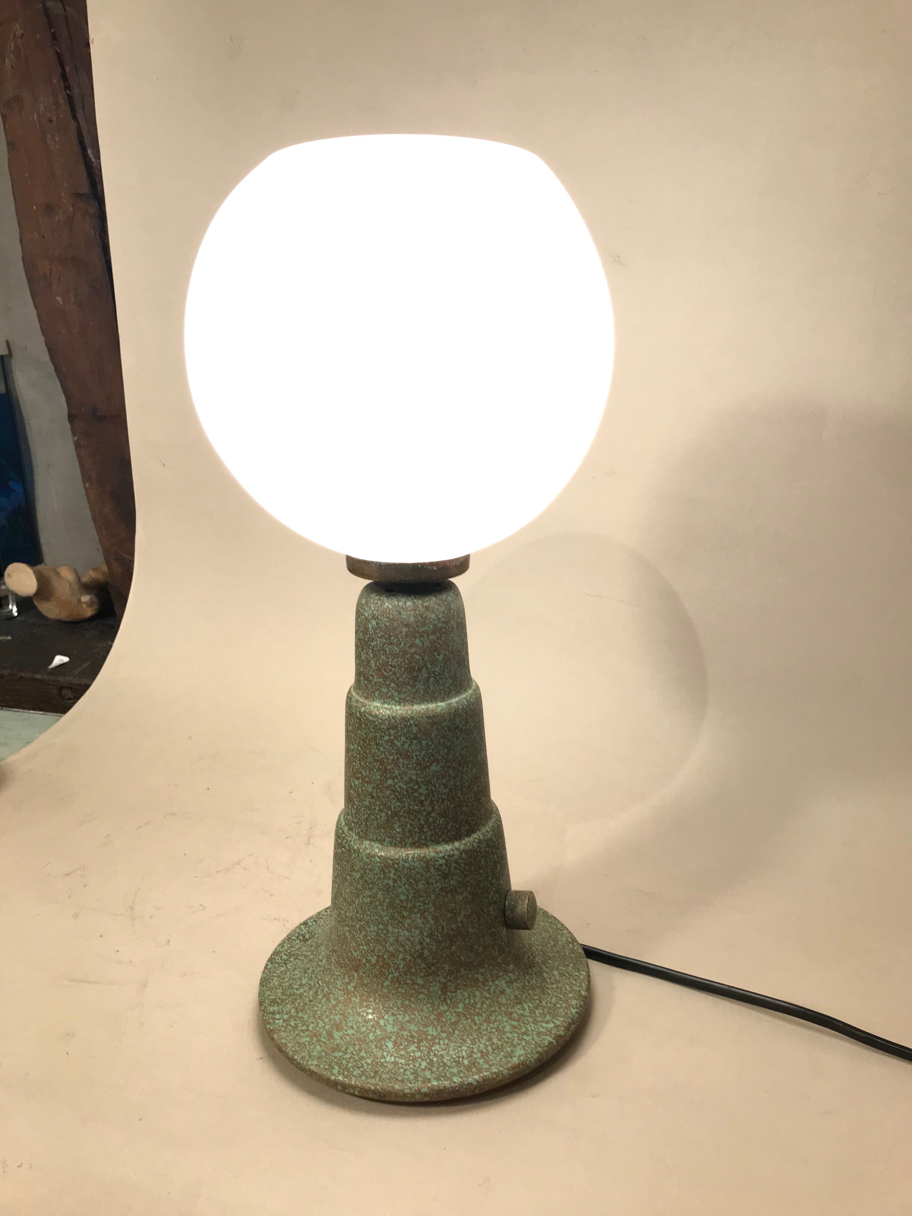 Art Deco style foot lamp in metal and white opaline
