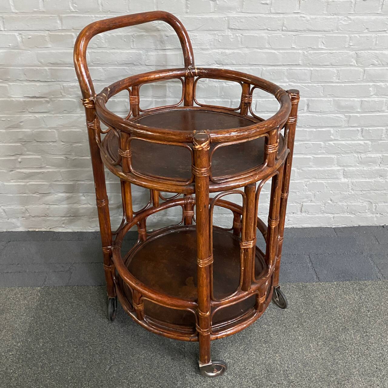 Round bamboo & rattan bar cart - italy 1960's