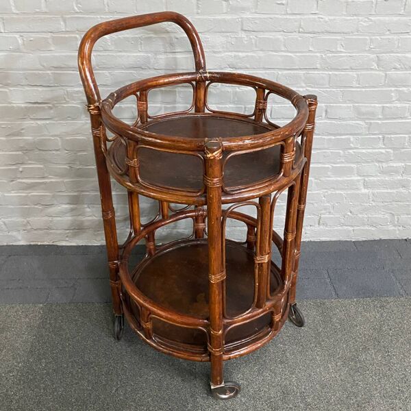 Chariot de bar rond en bambou et rotin - italie années 60