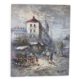 Caroline C. BURNETT: oil on canvas depicting a flower market in Paris