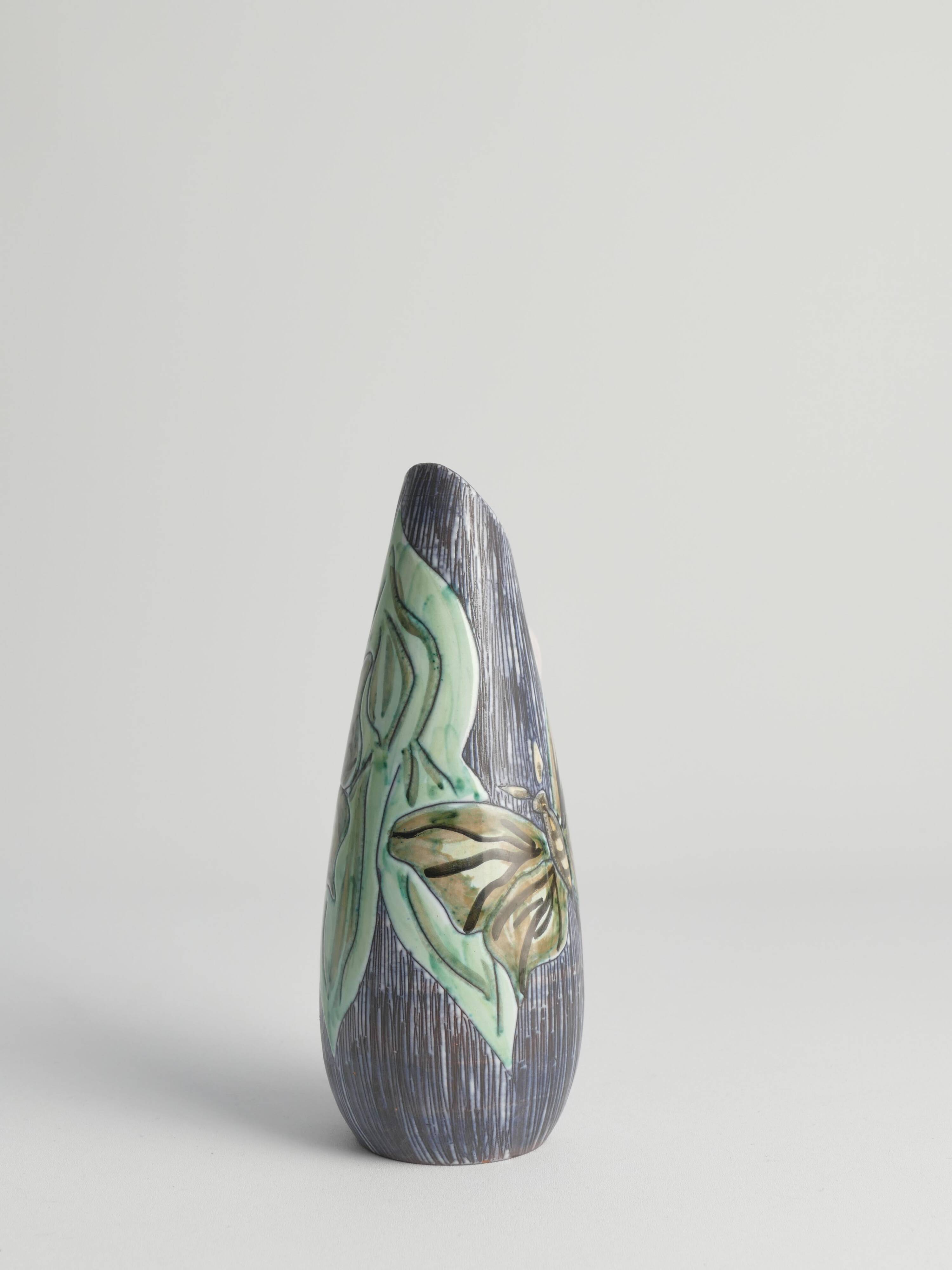 Mid-Century Modern Stoneware Vase with Sgraffito and Butterflies. Sweden, 1950s