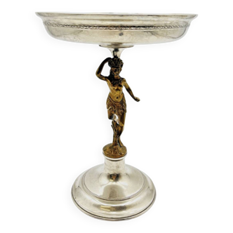 Fruit bowl in silver metal with brass woman decoration