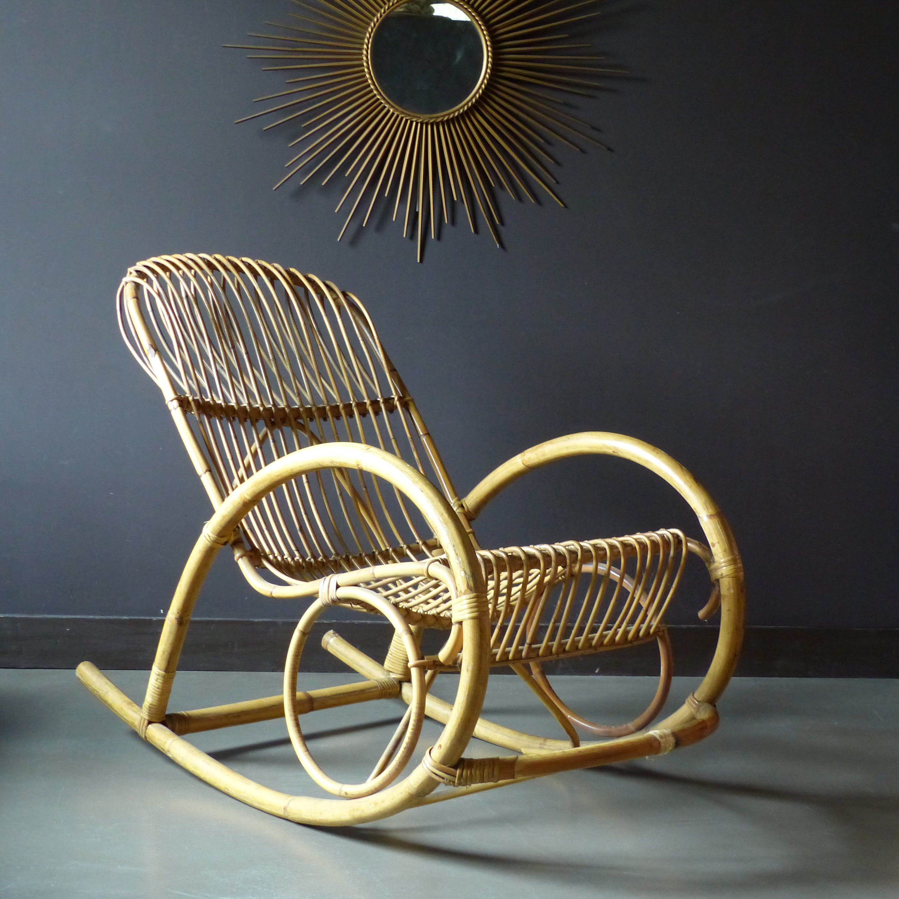 Rocking chair in vintage rattan from Rohe Noordwolde
