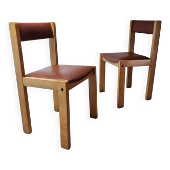 Pair of vintage blond wood and skai chairs