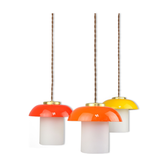 Mid-century glass & brass mushroom pendant lamp, set of 3