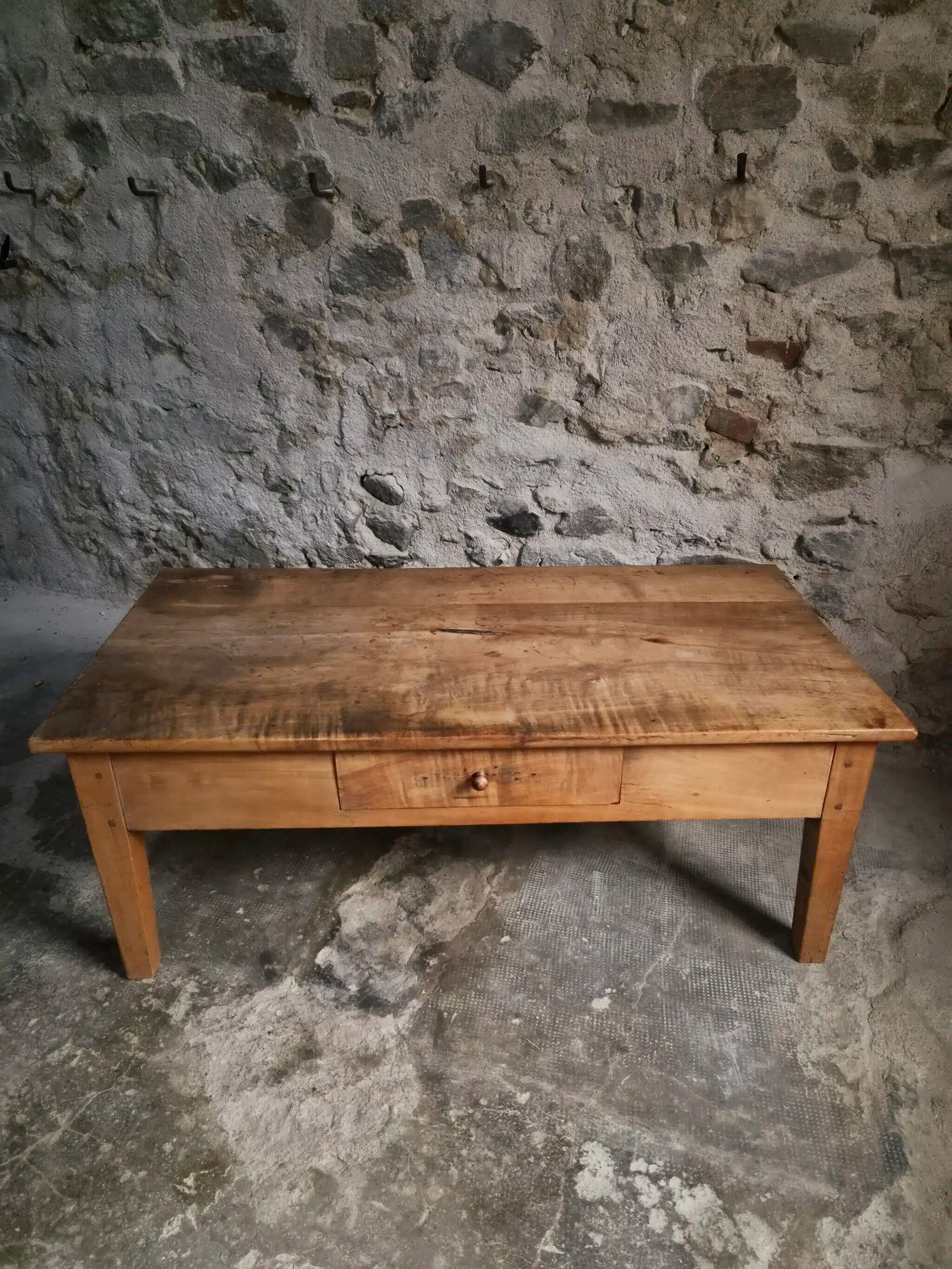 Antique French coffee table, 18th-century cherry farmhouse table with a drawer.