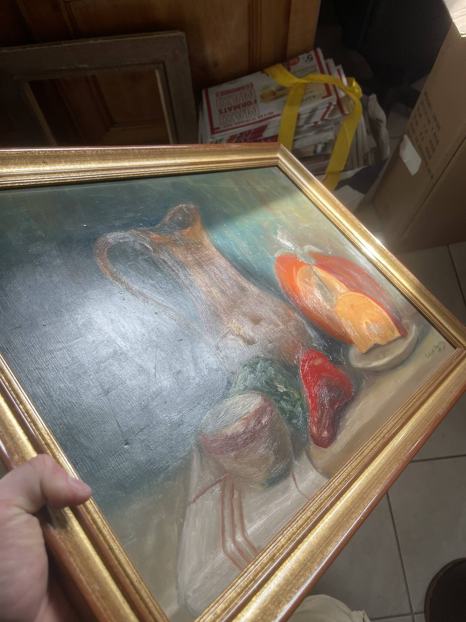 Old Oil Painting Still Life Golden Frame Signed Marcille 1990