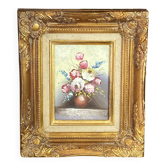 Still life, painting on hardboard, wooden and stucco frame.