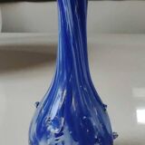 Murano style floral vase. Corolla neck, speckled cobalt blue & white. Dim 24 x 10 cm
