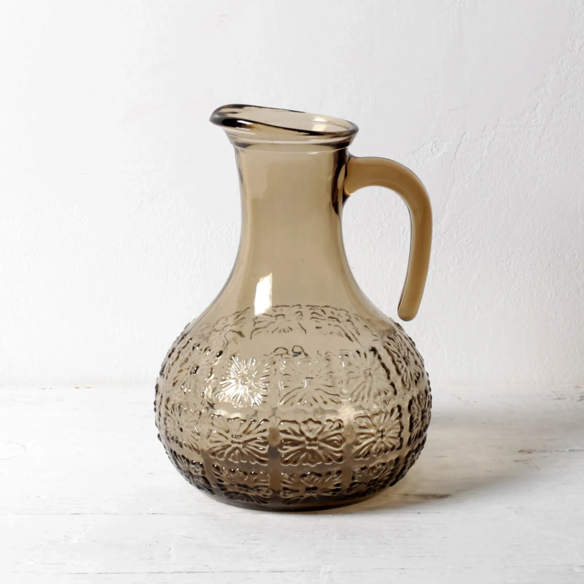 Italian Smoked Glass Jug / Embossed Floral Brown Pitcher / Mid-century Jug