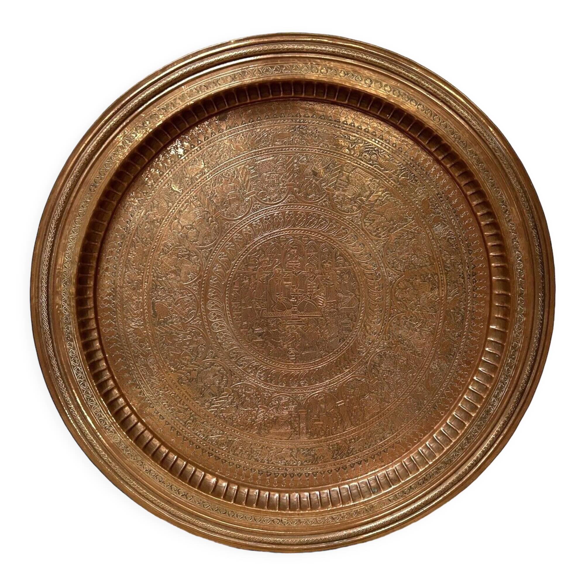 Large ancient copper tray, engraved Persia, offering scenes, vintage ethnic
