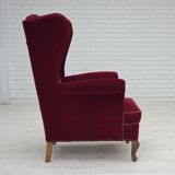 1960s, Danish highback wingback armchair, cherry-red furniture velour.
