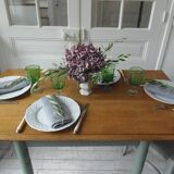 Table, vintage desk with smoked green legs and an oak top.
