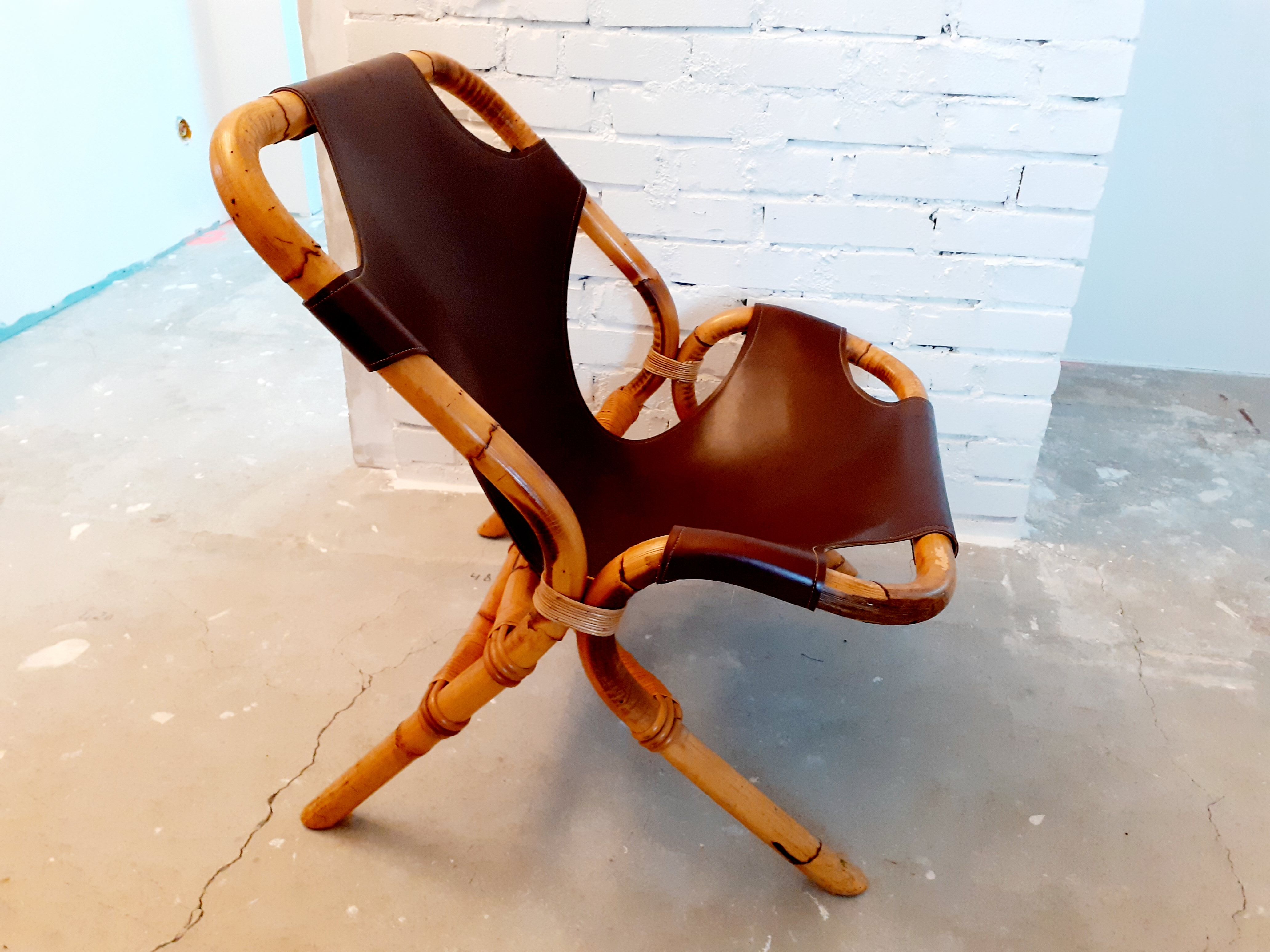 Vintage armchair in rattan and imitation leather 60s