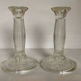 Pair of geometric art deco molded glass candlesticks
