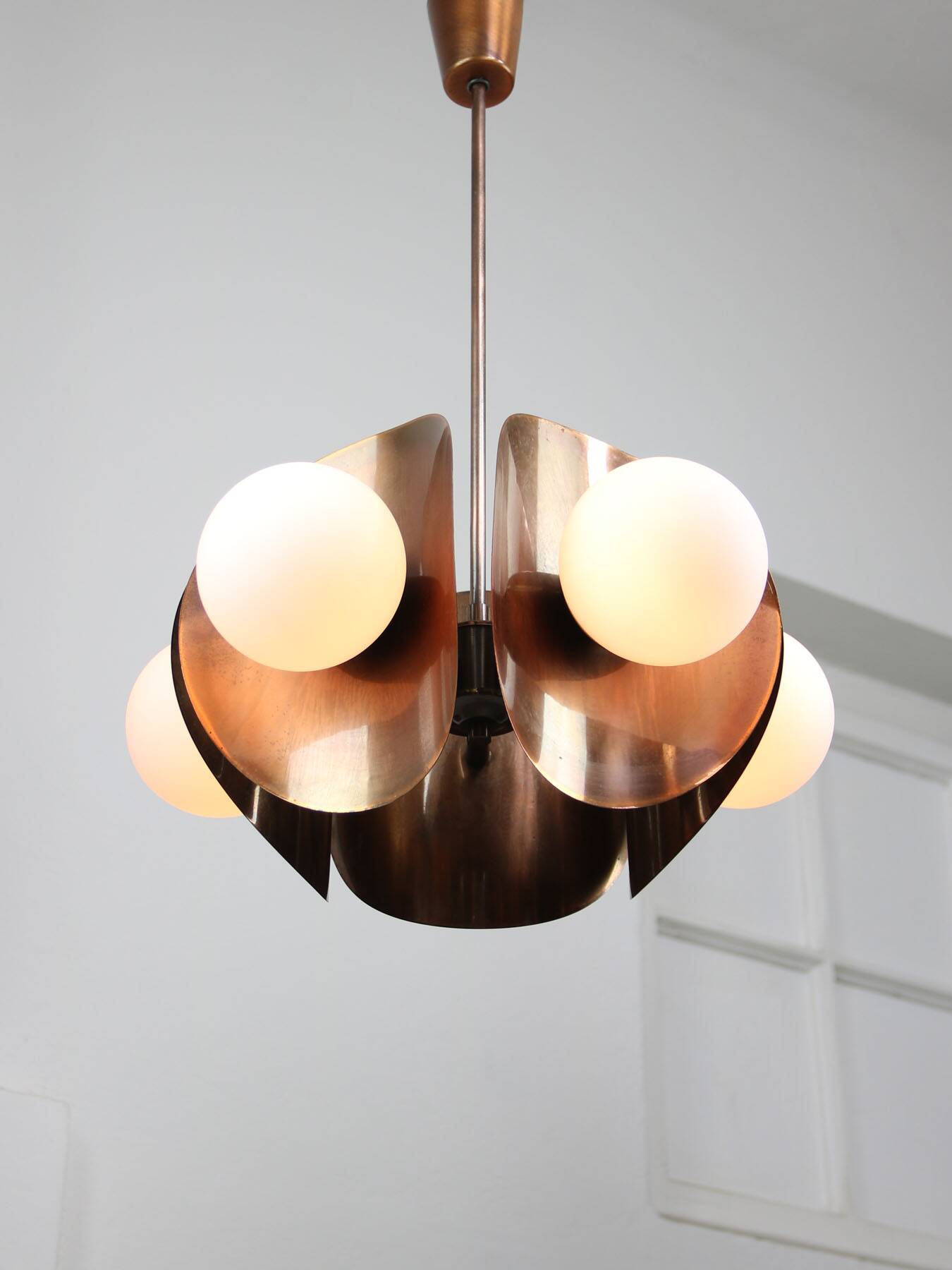 Vintage Italian Copper and Opaline Chandelier, 70s