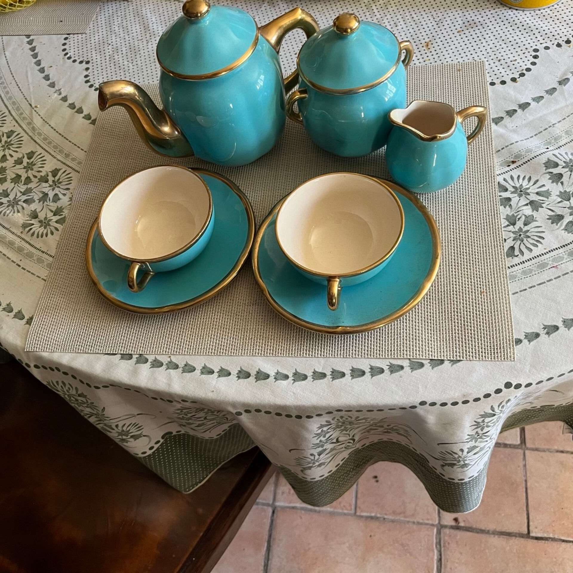 Vintage turquoise and gold ceramic tea set – teapot, sugar bowl.