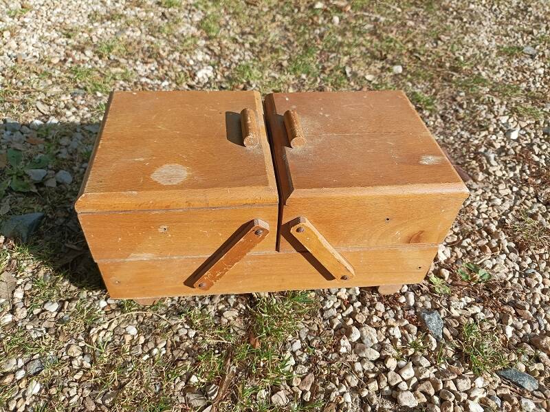 Worker seamstress box in patinated solid wood