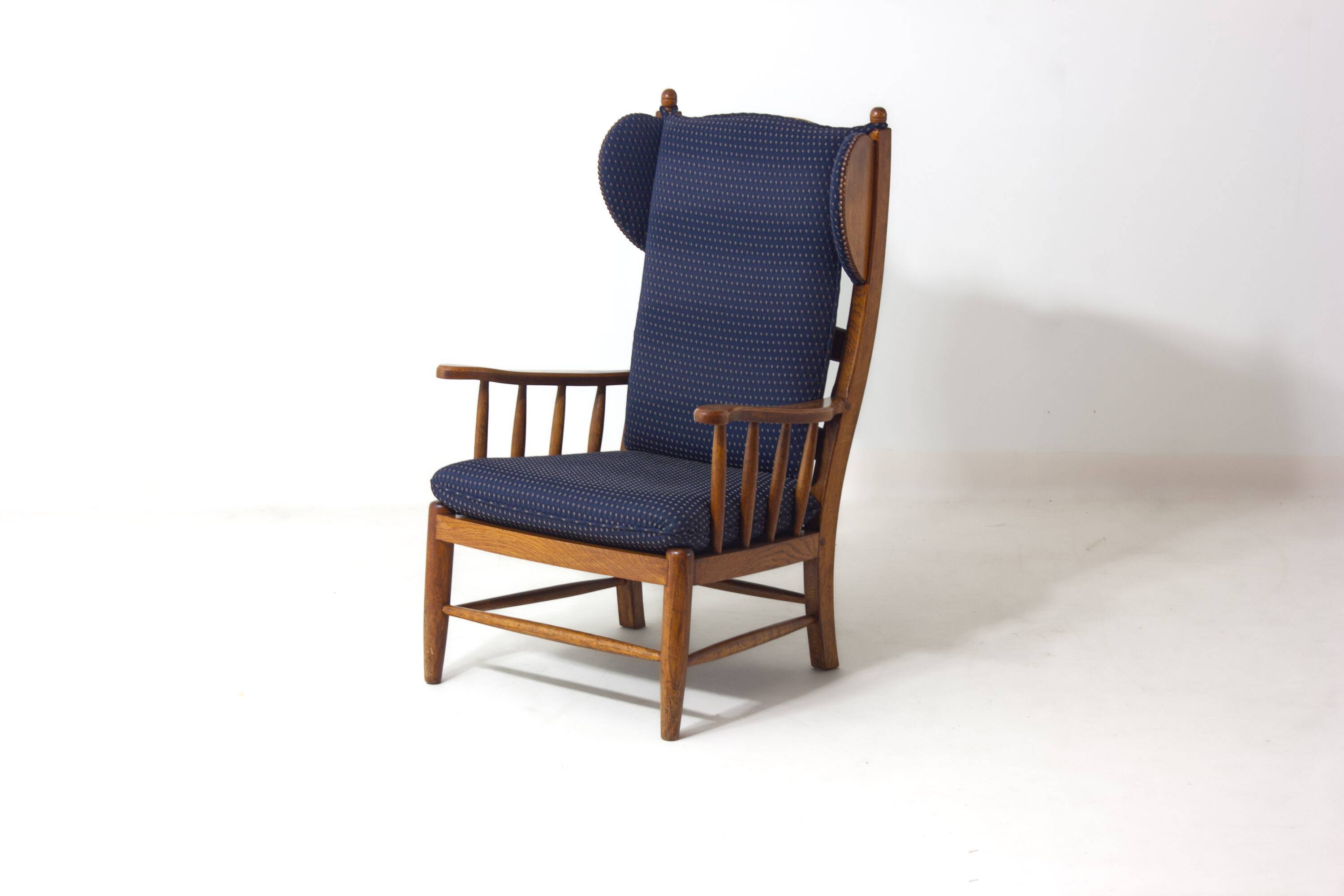 French lounge chair in oak and blue fabric, 1960s