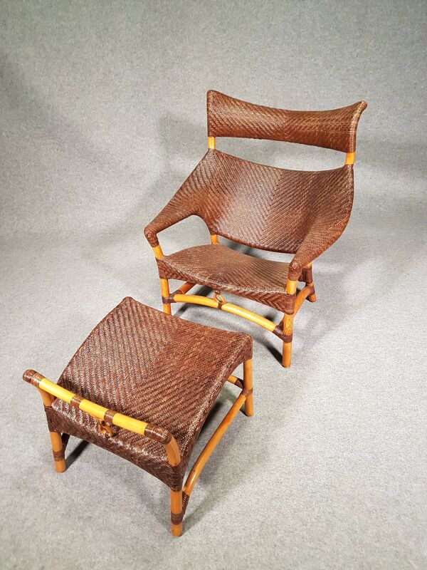 Fauteuil et repose-pieds conçus par Yuzuru Yamakawa en rotin et bambou