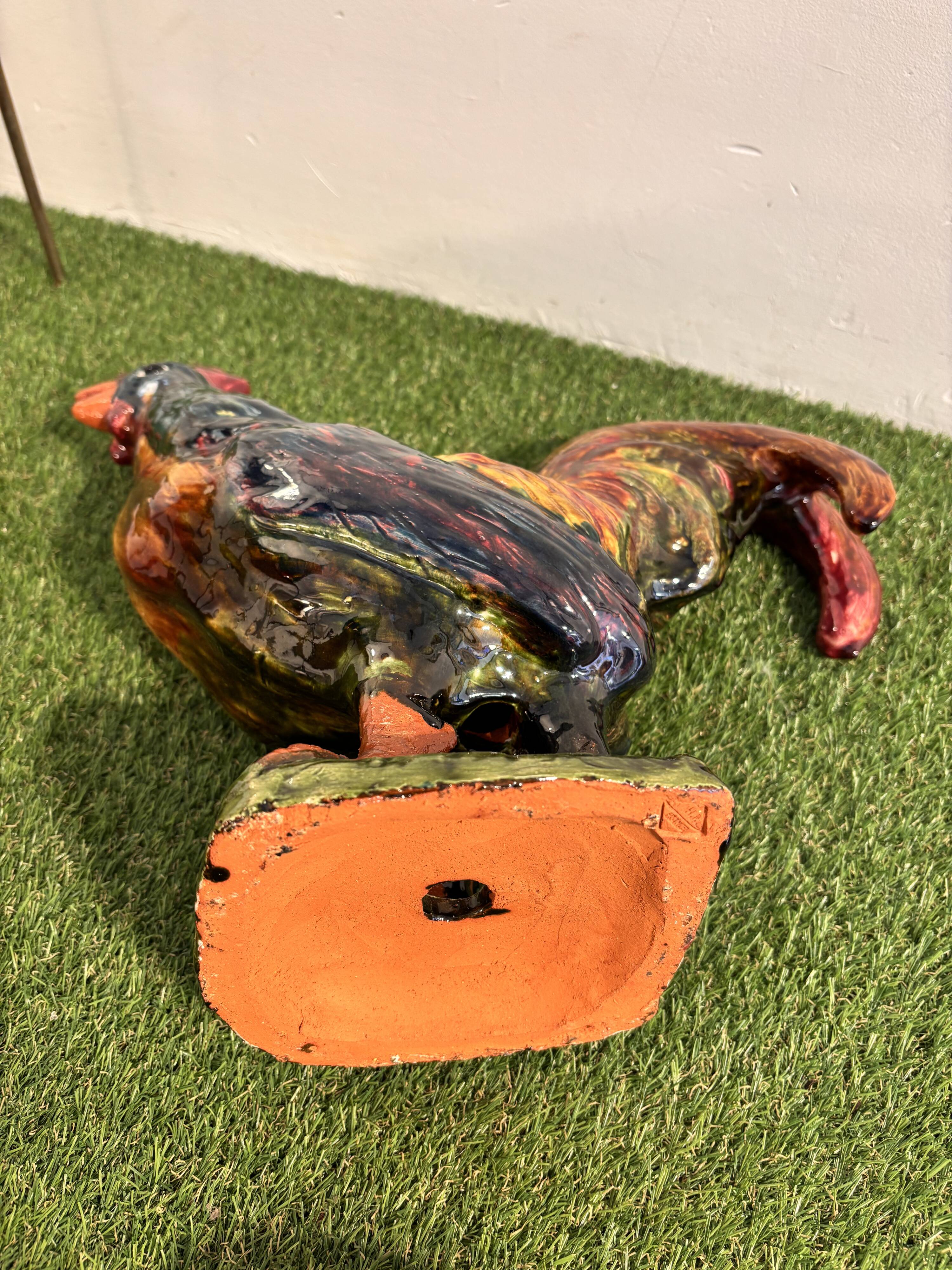 Ceramic sculpture of a rooster from Bavent, glazed terracotta, 1960.