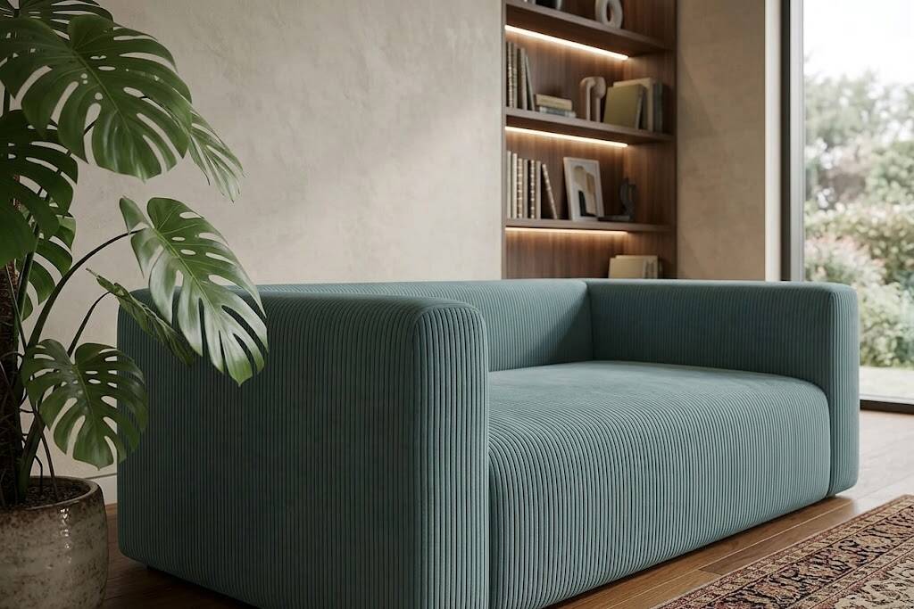 Rectangular blue velvet sofa