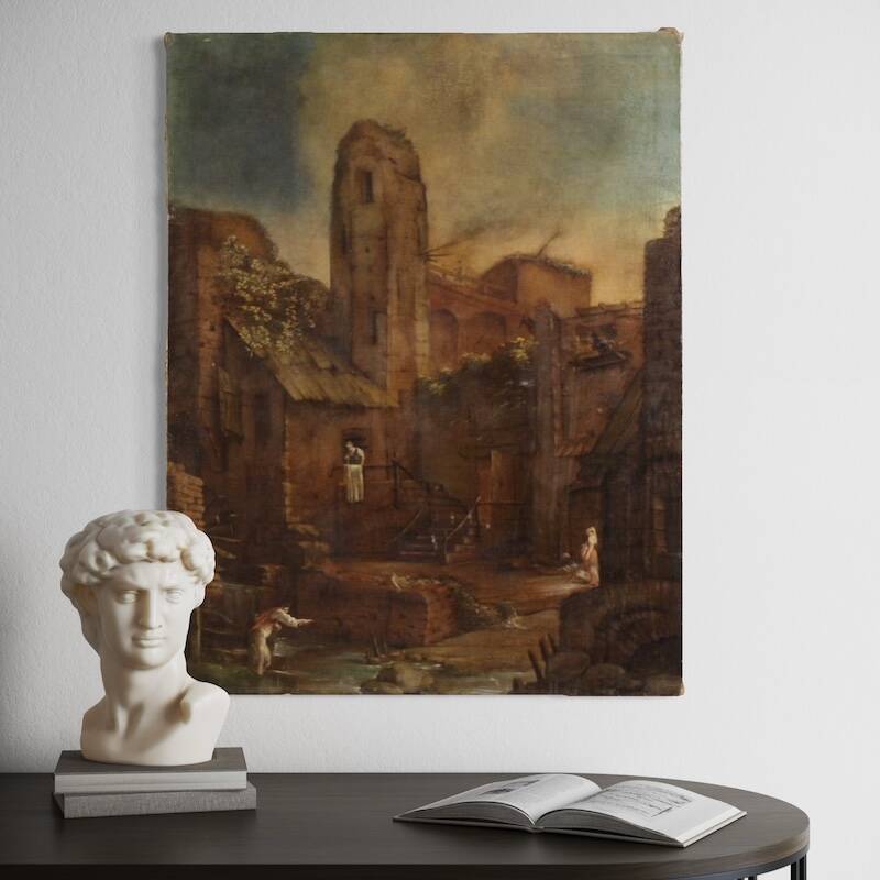 Antique Spanish landscape painting from the 18th century