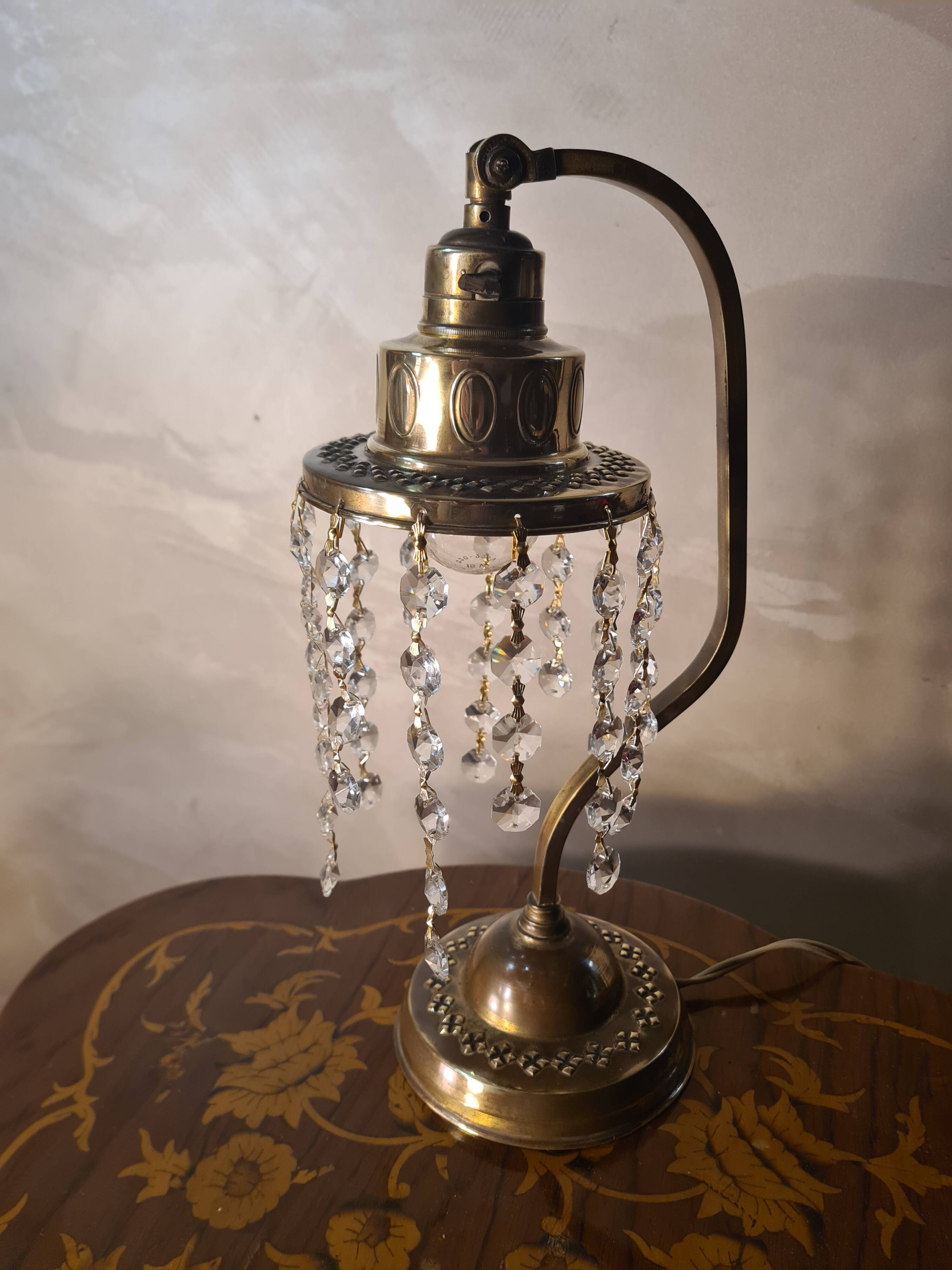 antique brass lamp with crystal pendant 33x14 slight signs of wear